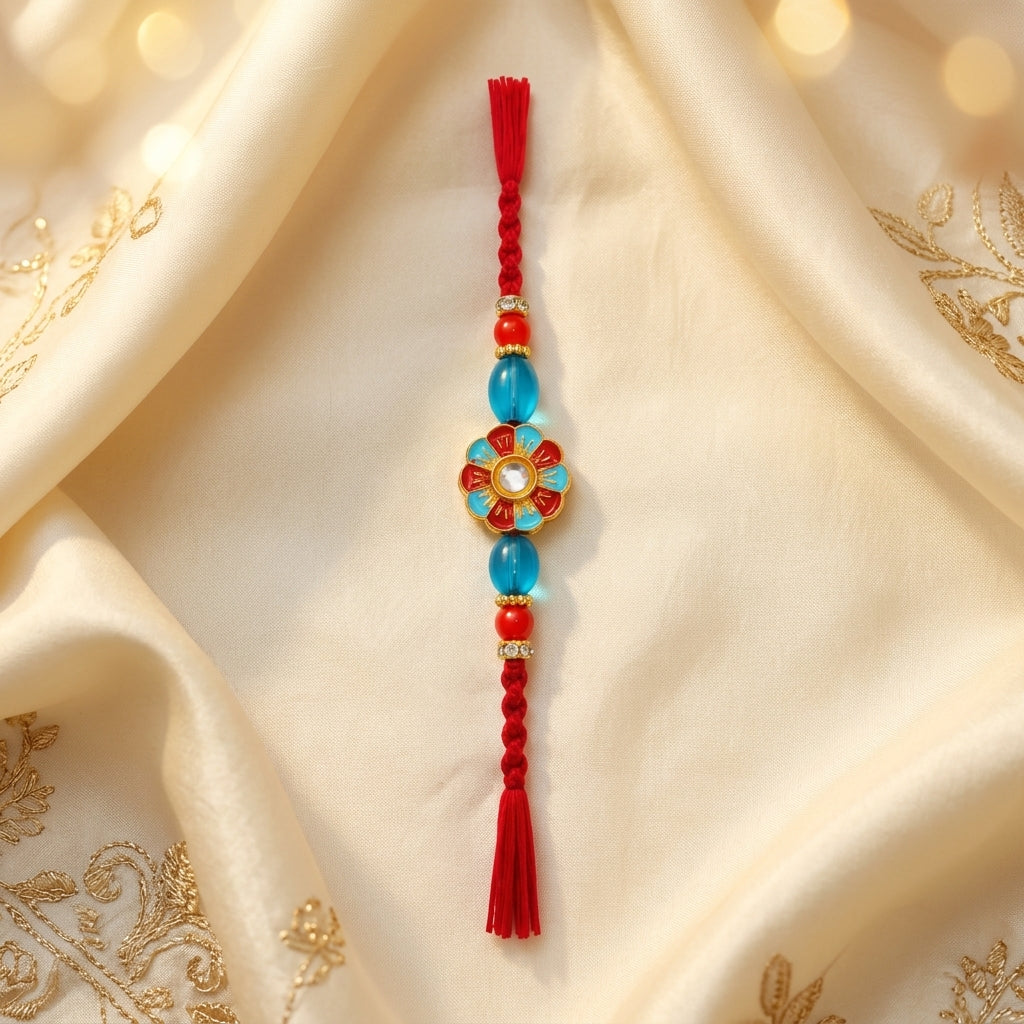 Blue & Red Meenakari Floral Kundan Rakhi with Tassel