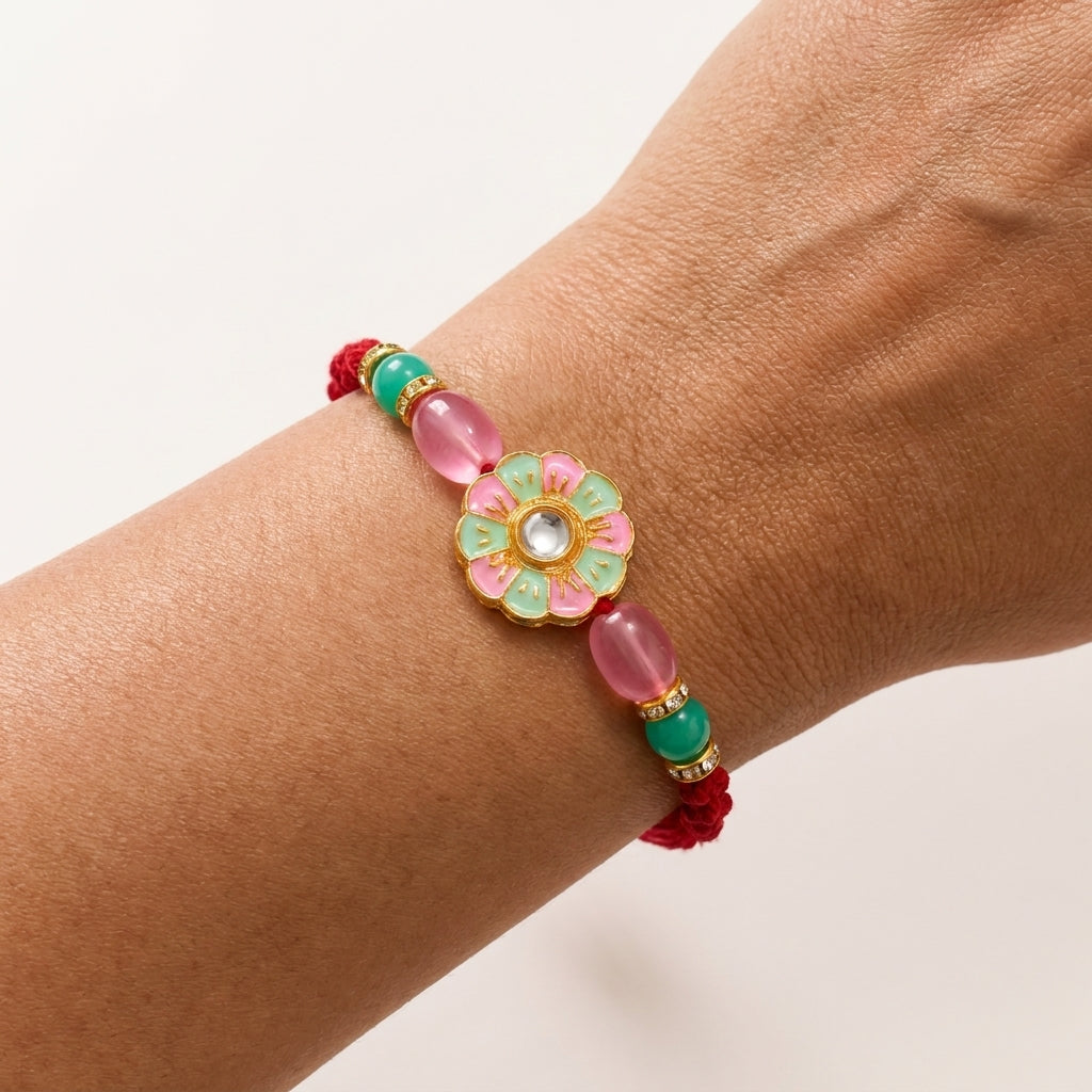 Pastel Meenakari Floral Rakhi with Kundan