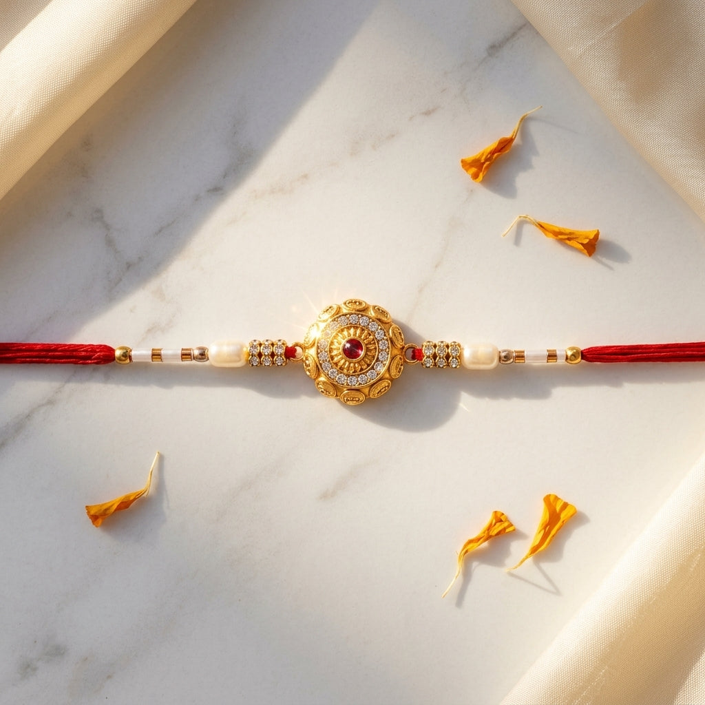 Royal Antique Gold Kundan Rakhi with Ruby Stone