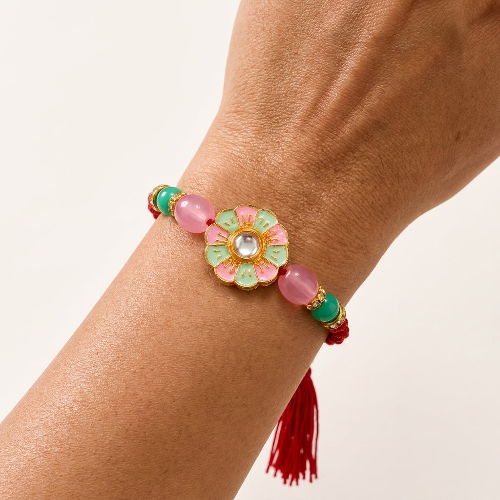 Pastel Meenakari Floral Rakhi with Kundan