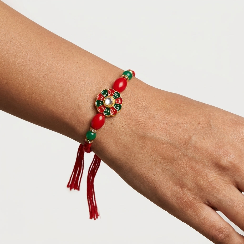 Traditional Red & Green Meenakari Kundan Rakhi