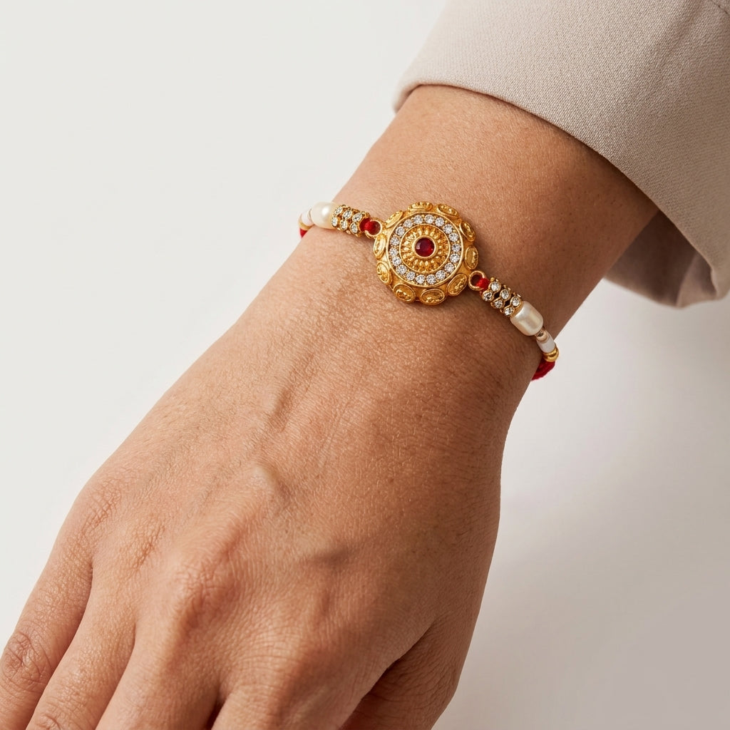 Royal Antique Gold Kundan Rakhi with Ruby Stone
