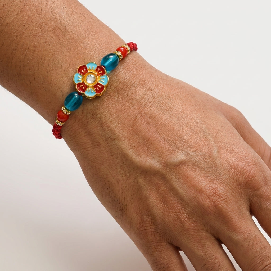 Blue & Red Meenakari Floral Kundan Rakhi with Tassel