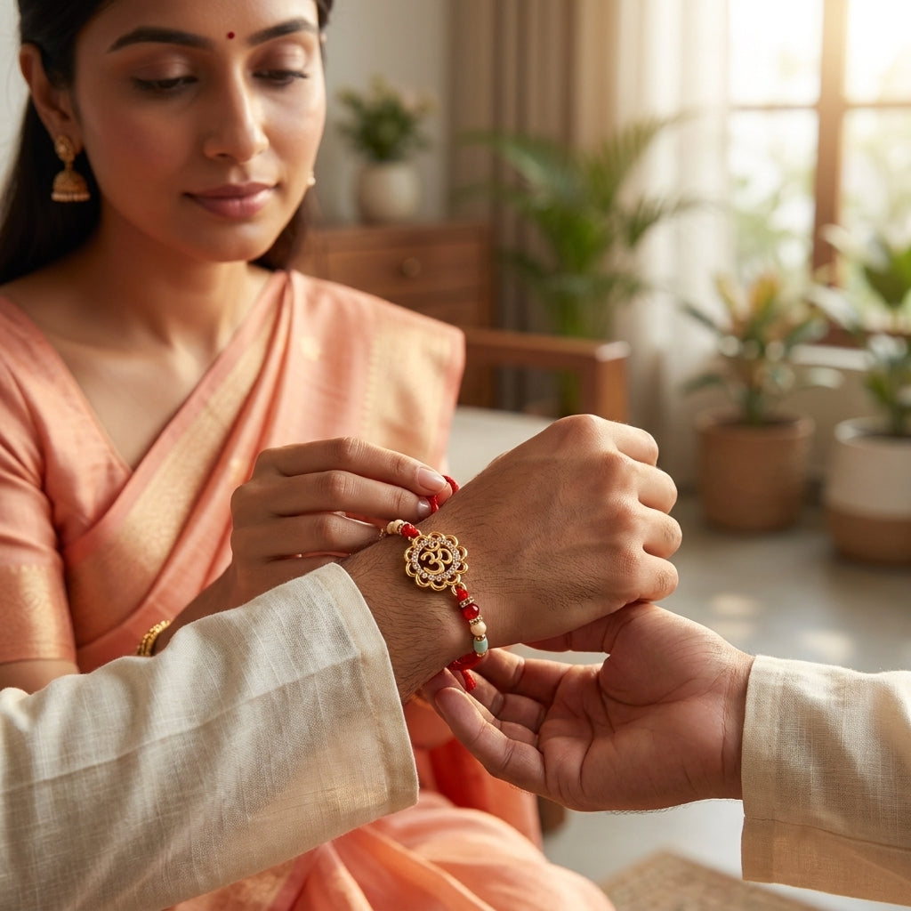Golden Om Lotus CZ Rakhi with Crystal Beads