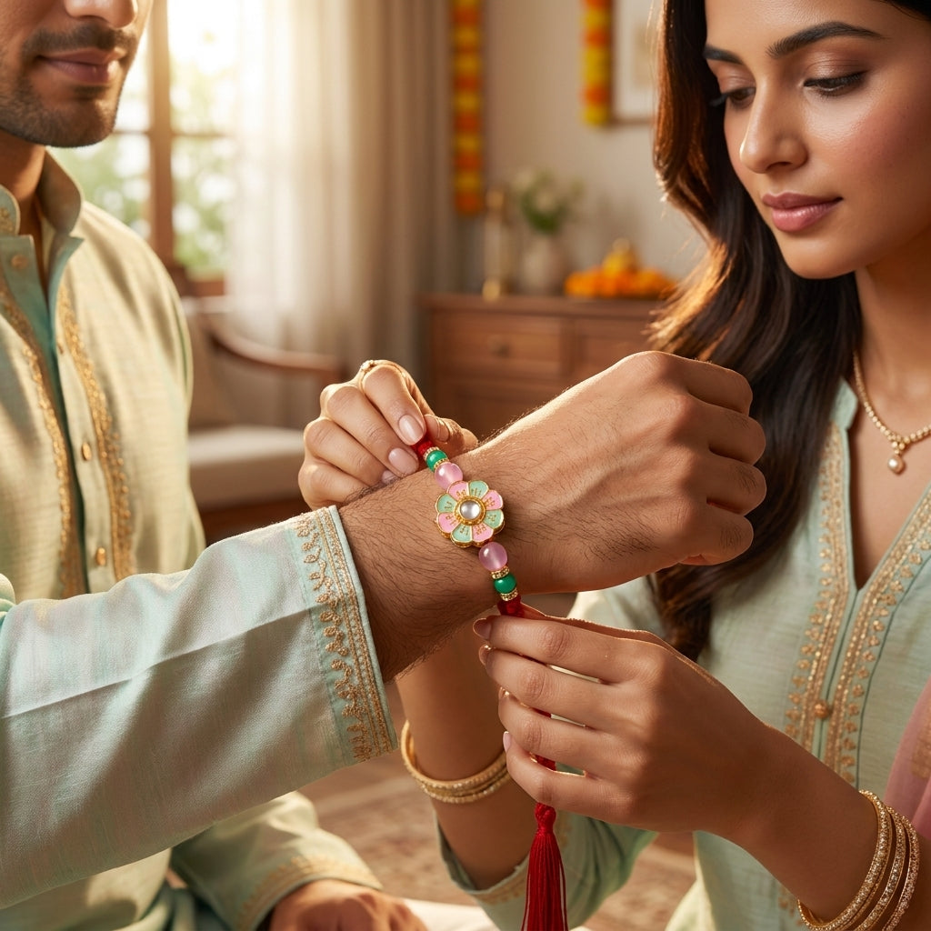 Pastel Meenakari Floral Rakhi with Kundan