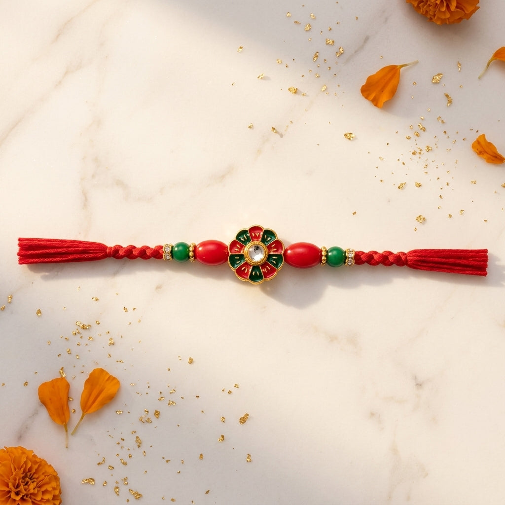 Traditional Red & Green Meenakari Kundan Rakhi