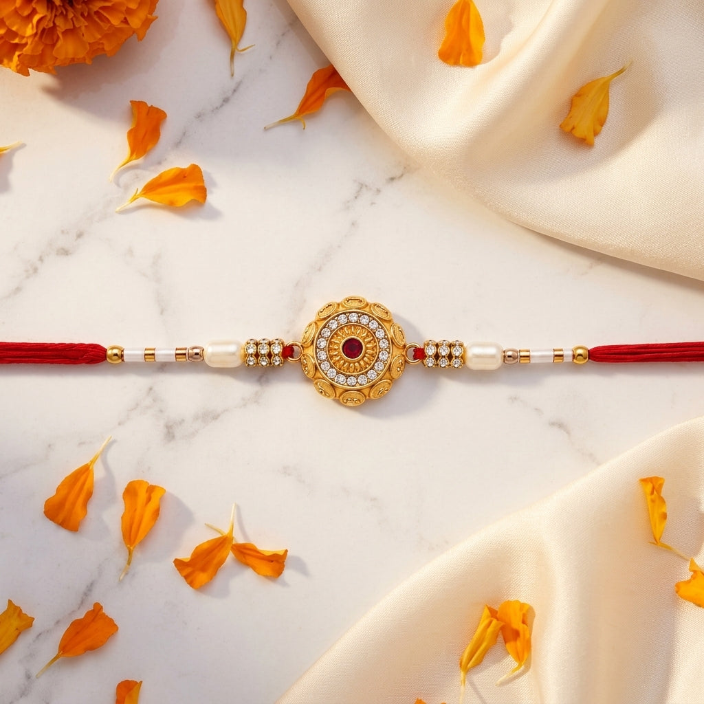 Royal Antique Gold Kundan Rakhi with Ruby Stone