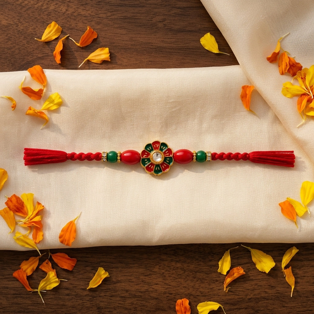 Traditional Red & Green Meenakari Kundan Rakhi