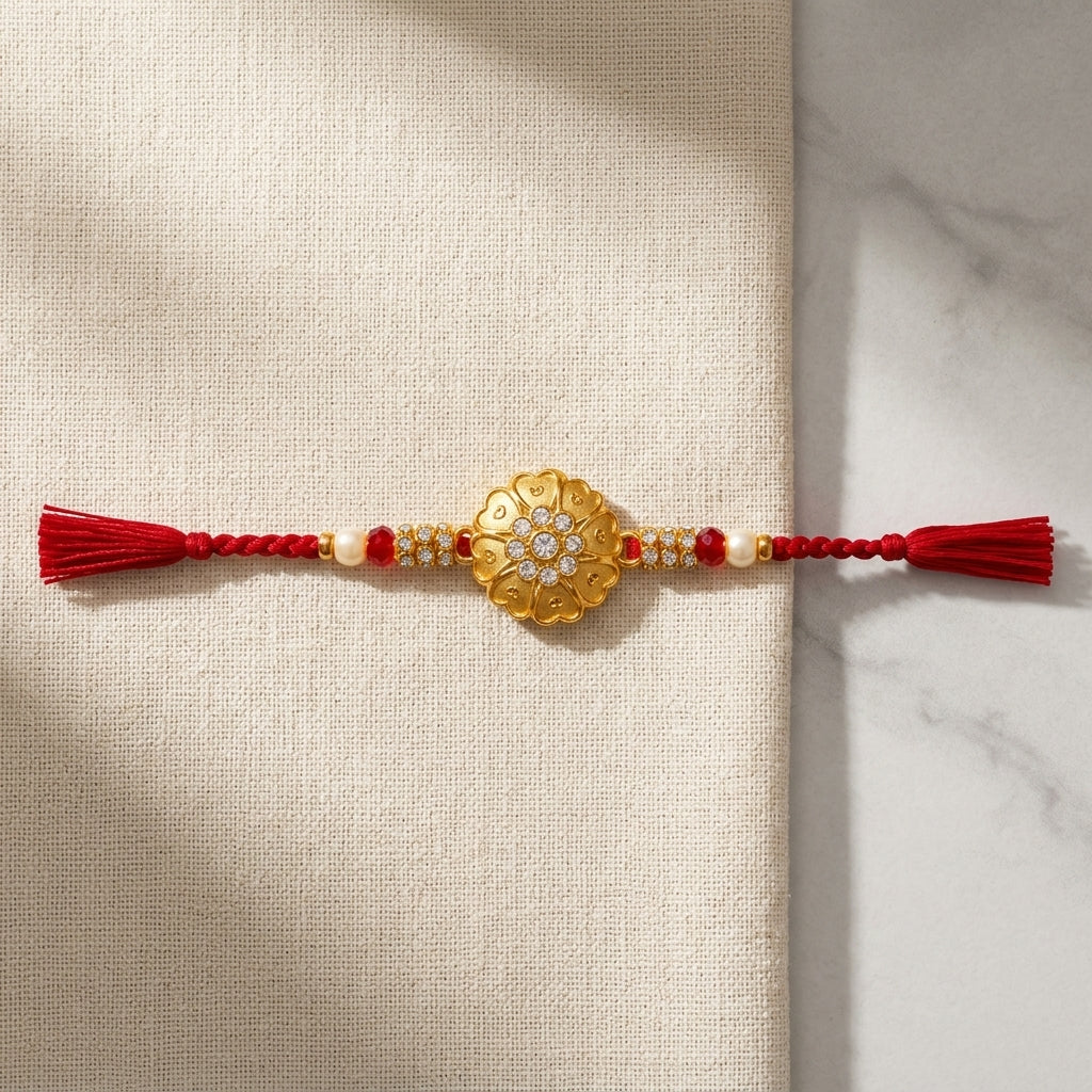 Gold Floral Kundan Rakhi with Ruby & Pearl Beads