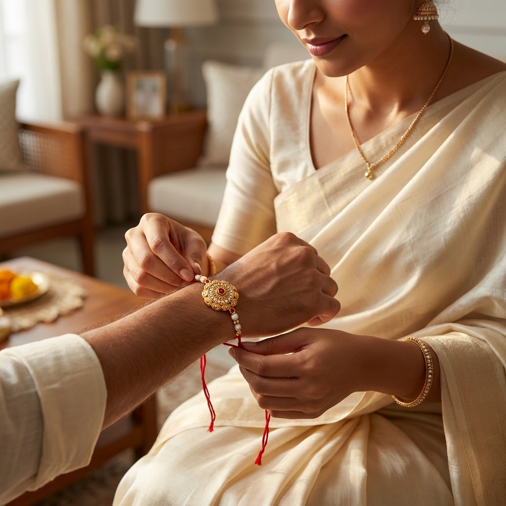 Royal Antique Gold Kundan Rakhi with Ruby Stone