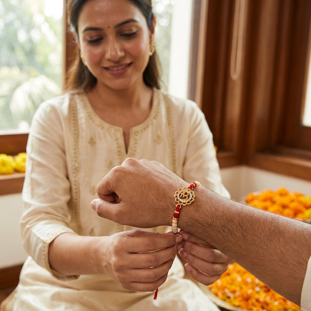 Golden Om Lotus CZ Rakhi with Crystal Beads