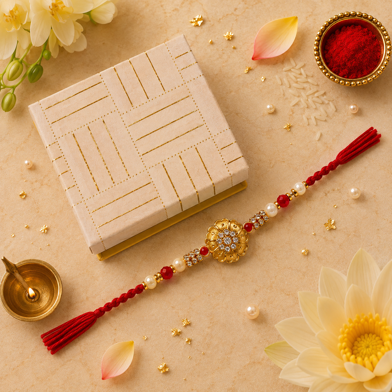 Gold Floral Kundan Rakhi with Ruby & Pearl Beads