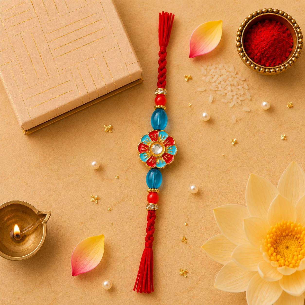Blue & Red Meenakari Floral Kundan Rakhi with Tassel