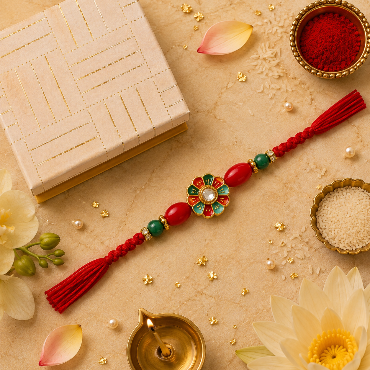Red & Green Meenakari Kundan Rakhi