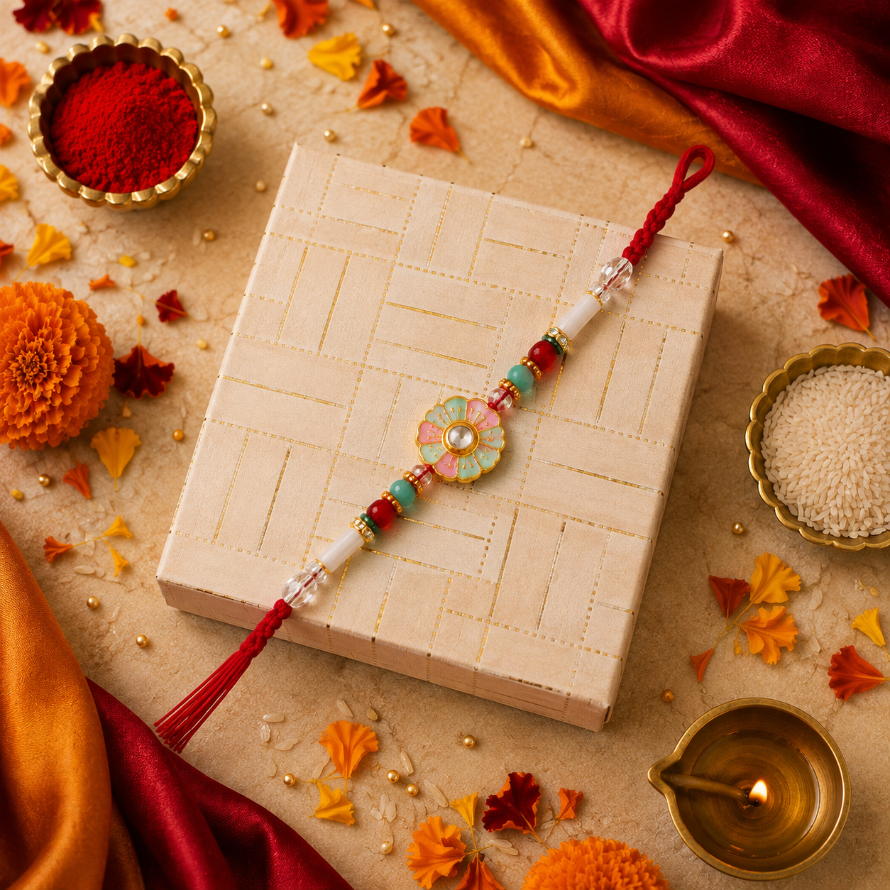 Pastel Meenakari Floral Rakhi with Kundan