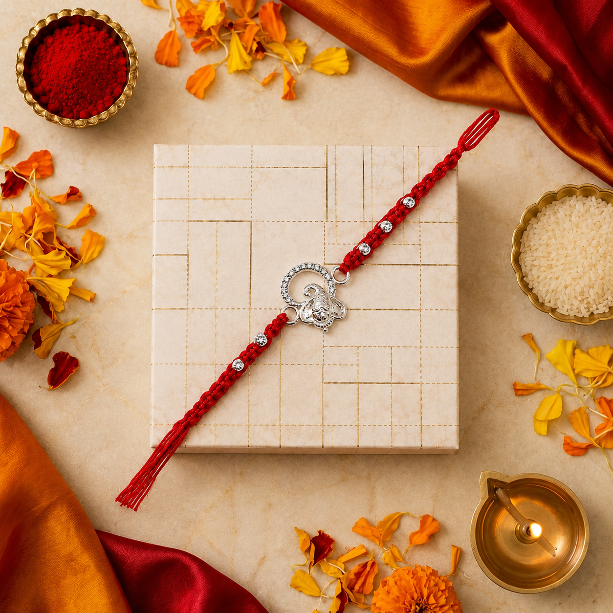 Silver Ganesha Rakhi with Red Tassel